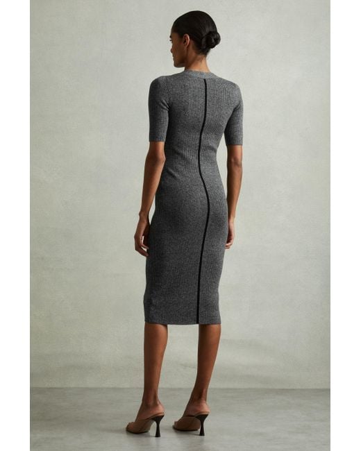 Reiss Gray Ribbed Wool Blend Midi Dress