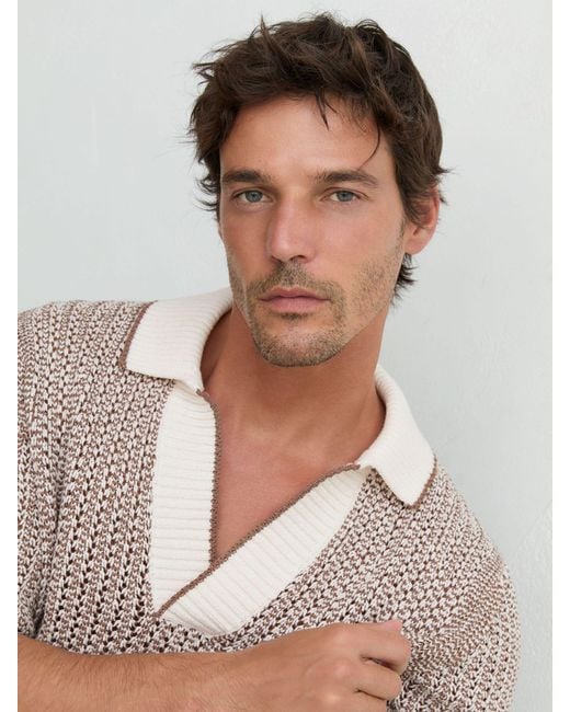 Reiss Brown Tobacco & Ecru Cotton-Blend Crochet Open-Collar Polo for men