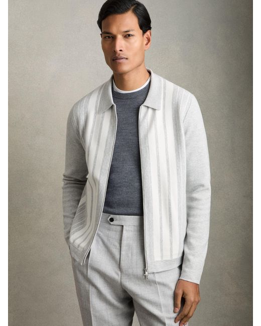 Reiss Gray Melange & Striped Zip Through Knitted Jacket for men