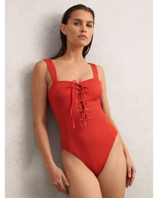 Reiss Red Ribbed Lace-Up Swimsuit