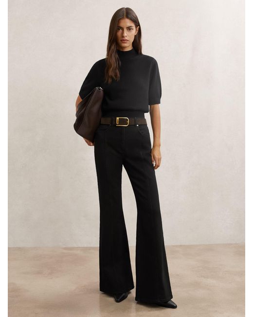 Reiss Black Cotton And Wool Funnel-Neck Knit Top