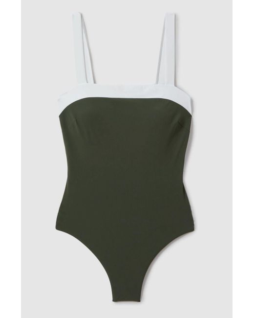 Reiss Ruby - Dark Green/white Square Neck Colourblock Swimsuit