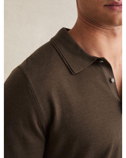 Reiss Brown Merino Wool Short Sleeve Polo Shirt for men
