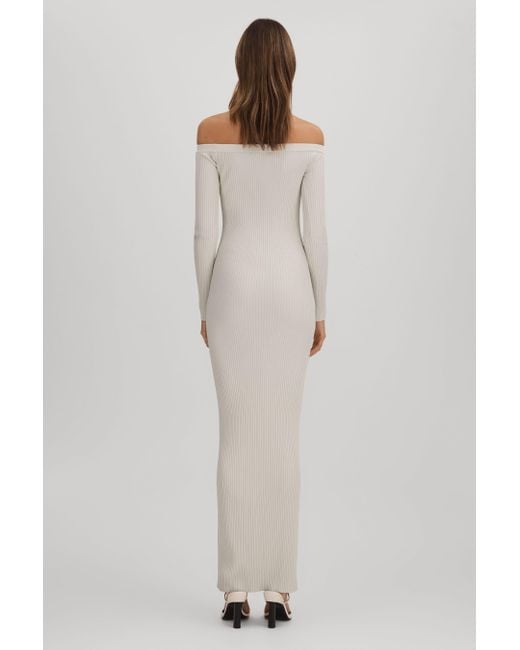 GOOD AMERICAN Gray Good Cloud White Good Ribbed Off The Shoulder Maxi Dress