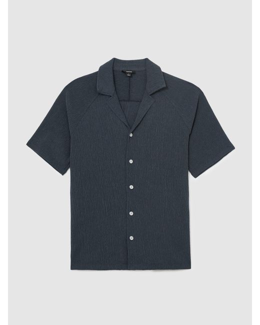 Reiss Knox - Airforce Blue Textured Raglan Cuban-collar Shirt, Xl for men