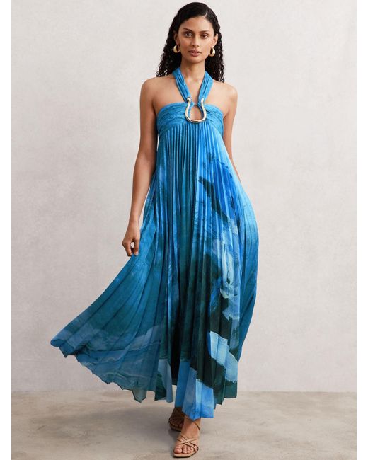 Acler Blue Abstract-Print Pleated Dress