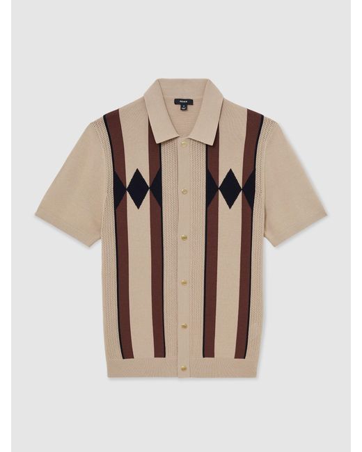 Reiss Brown Argyle-Knit Press-Stud Polo Shirt for men