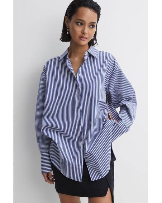 Reiss Danica - Blue/white Oversized Cotton Side Stripe Shirt