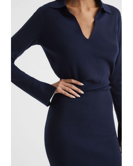 Reiss Blue Elaina - Navy Petite Rib-knitted Midi Dress, S