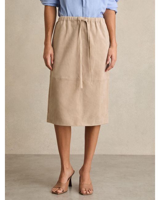 Reiss Natural Meagan - Neutral Suede Drawstring Midi Skirt, Us 8