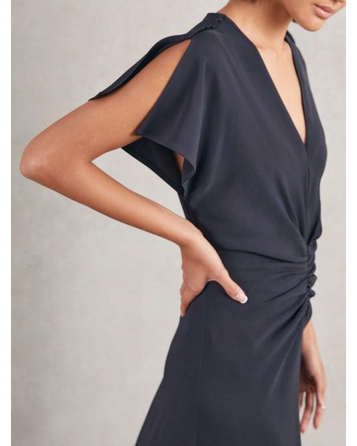 Reiss Blue Ruched-Front Midi Dress
