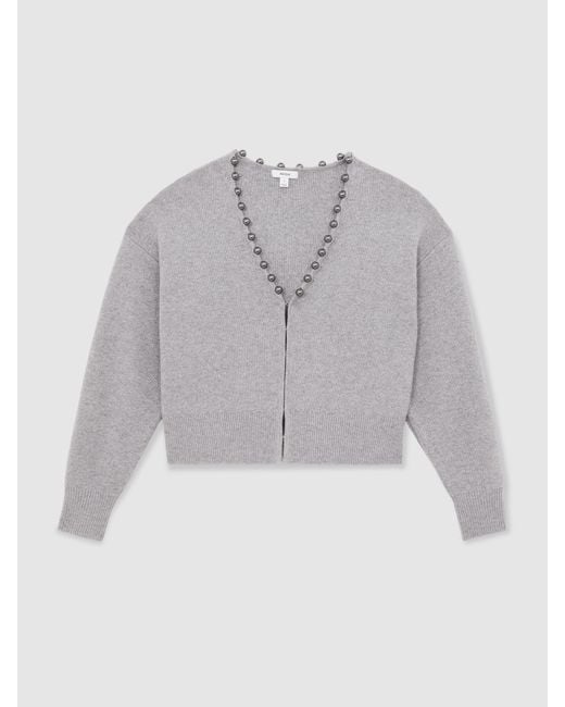 Reiss Gray Wool-Blend Beaded-Trim Cardigan With Cashmere