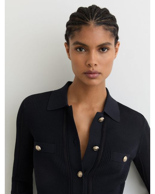 Reiss Blue Button-Through Knitted Top With Collar