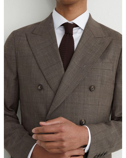 Reiss Brown Db Wool-Blend Check Double-Breasted Suit Blazer Classic-Fit for men