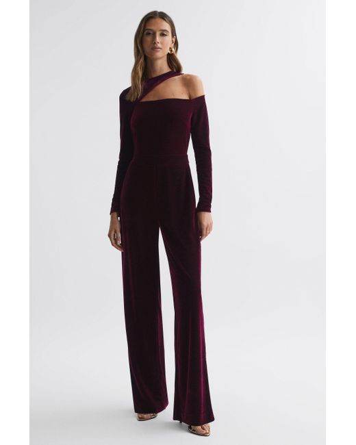 Reiss Purple Adele - Berry Velvet Fitted Cut-out Jumpsuit, Us 8