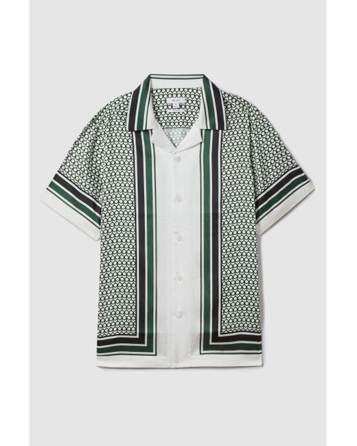 Reiss Multicolor Blair - White/green Geometric Print Cuban Collar Shirt for men