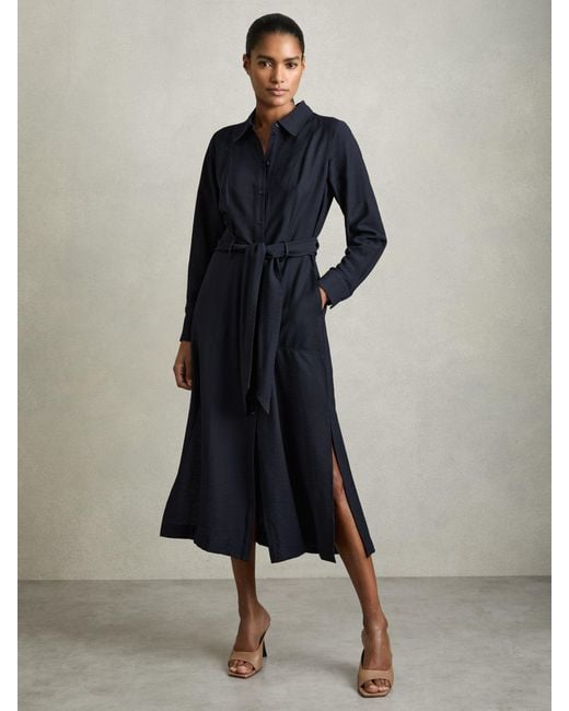 Reiss Blue Long-Sleeve Belted Midi Dress