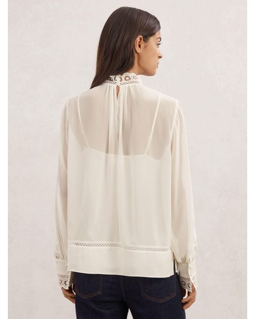 Reiss Natural Ori - Cream Lace-trim Sheer Blouse, Us 12