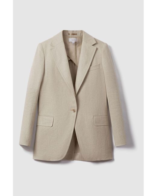 Reiss Brown Cassie - Natural Petite Linen Single Breasted Suit Blazer