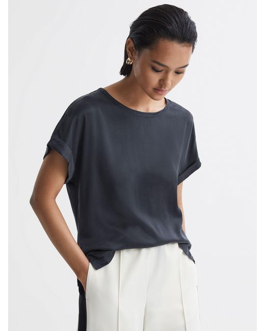 Reiss Blue Silk Front Crew Neck T-Shirt