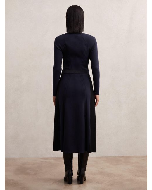 Reiss Blue Zaya Petite Knitted Contrast-Panel Midi Dress