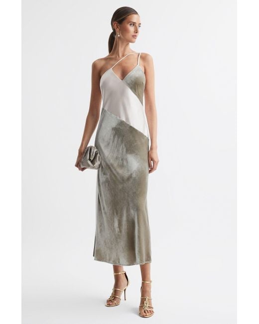 Reiss Metallic Keeley - Silver Silk-velvet Asymmetric Strap Midi Dress, Us 8