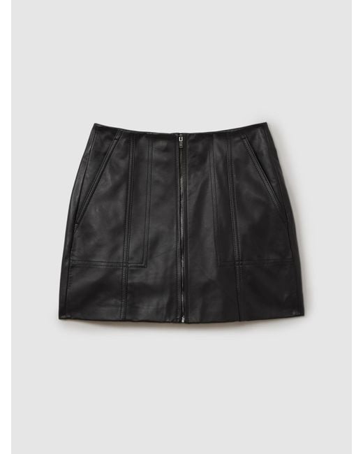 Reiss White Leather Zip-Front Mini Skirt