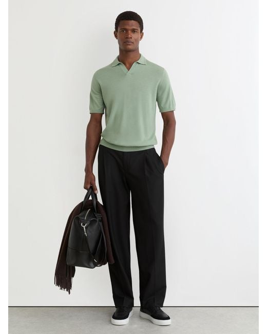 Reiss White Merino Wool Open Collar Polo Shirt for men