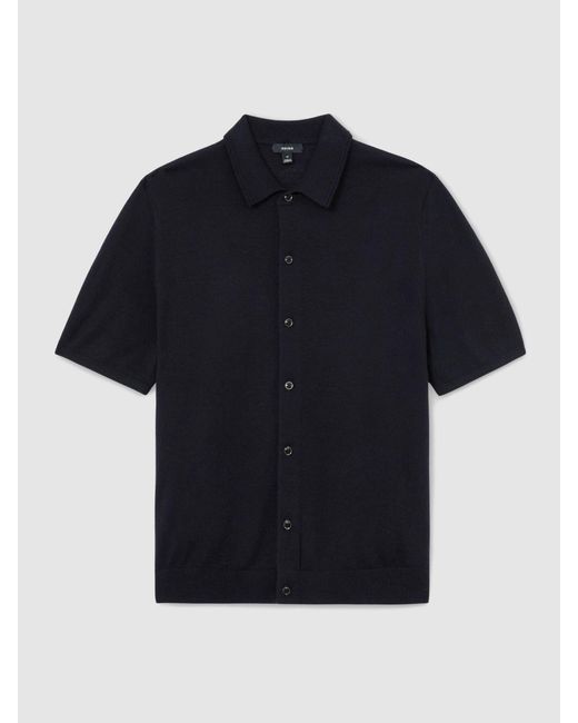 Reiss Blue Drayton Merino Wool Button-Through Shirt for men