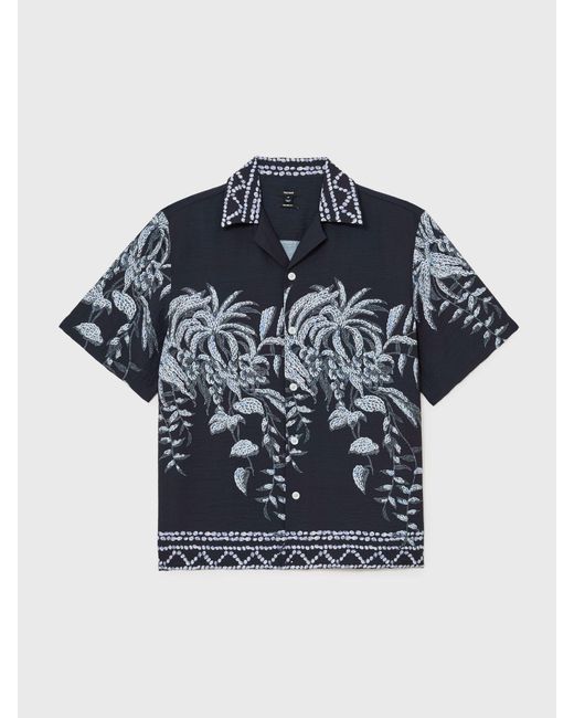 Reiss Blue Palm-Print Cuban-Collar Shirt for men