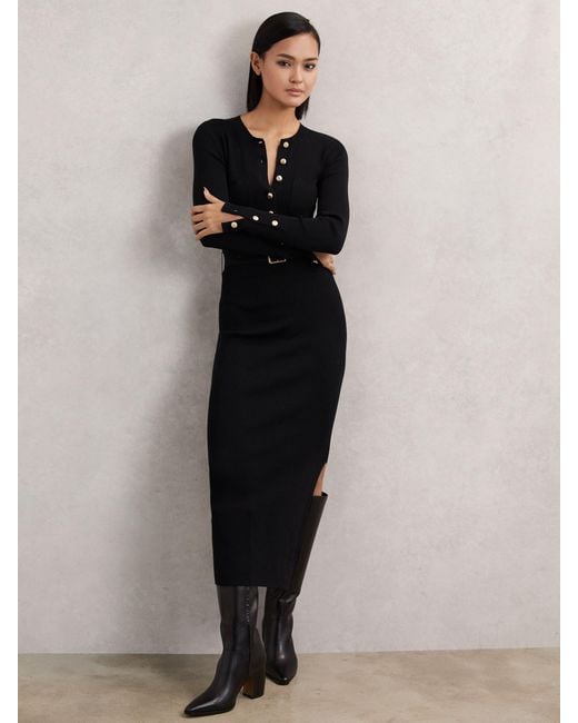Reiss Black Buttoned Rib-Knit Midi Dress