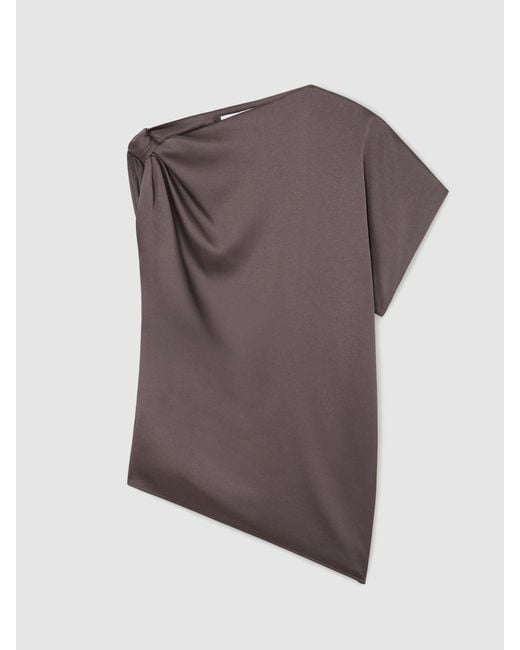 Reiss Brown Satin Draped One-Shoulder Top