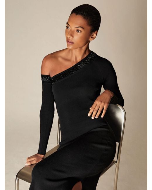 Reiss Black Bead-Detail Off-Shoulder Knit Dress