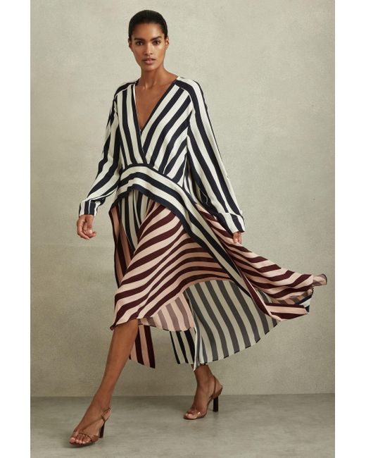 Reiss Brown Nola - Navy/off White Colourblock Stripe Asymmetric Midi Dress, Us 12