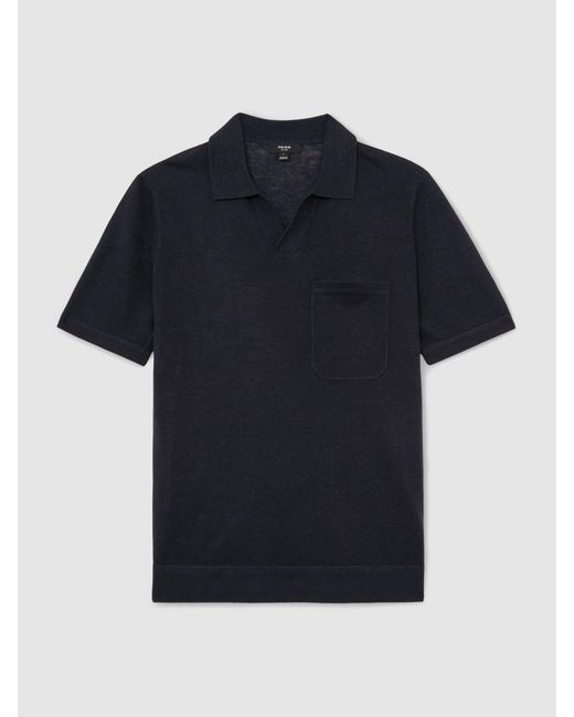 Reiss Black Fairmont - Navy Linen Open-collar Knit Polo Shirt, M for men