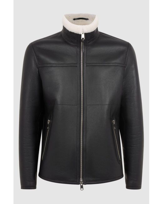 Reiss Brankos - Black Leather Sheepskin Jacket, L for men