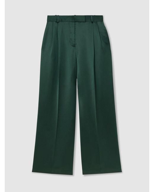 Reiss Green Petite Satin Wide-Leg Pleated Trousers