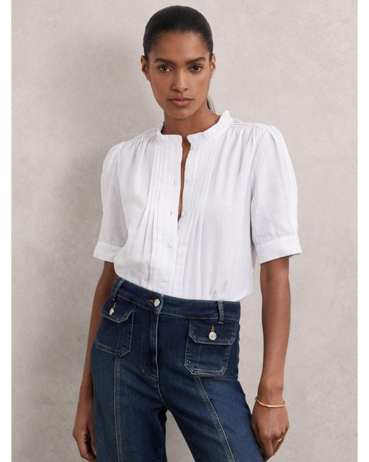 Reiss Aurelia - White Cotton Cheesecloth Pleated Top, Us 8