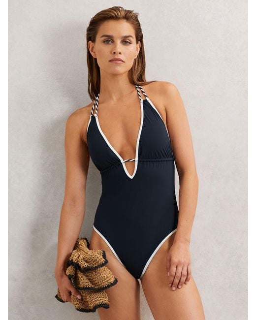 Reiss Blue Contrast-Trim Plunge-Neck Swimsuit