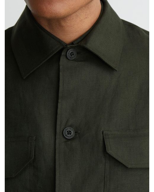 Reiss Green Linen Herringbone-Stripe Regular-Fit Shirt for men