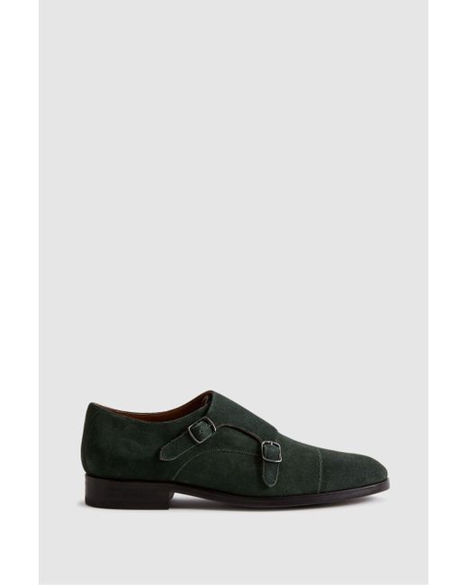 Reiss Black Amalfi - Forest Green Suede Double Monk Strap Shoes for men