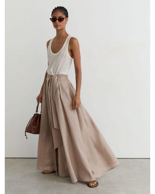 Reiss Natural Linen Belted Pleated Maxi Skirt