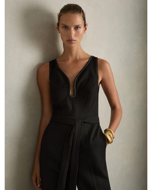 Reiss Black Eva Sleeveless Jumpsuit Plain