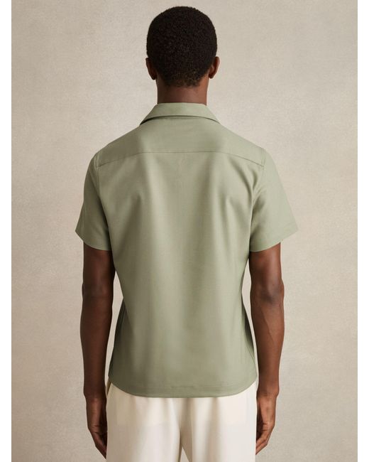 Reiss Green Nitus Herringbone Twill Cuban Collar Short Sleeve Shirt for men