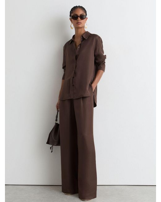 Reiss Aliana - Mocha Brown Silk Jacquard Long-sleeve Shirt, Us 4