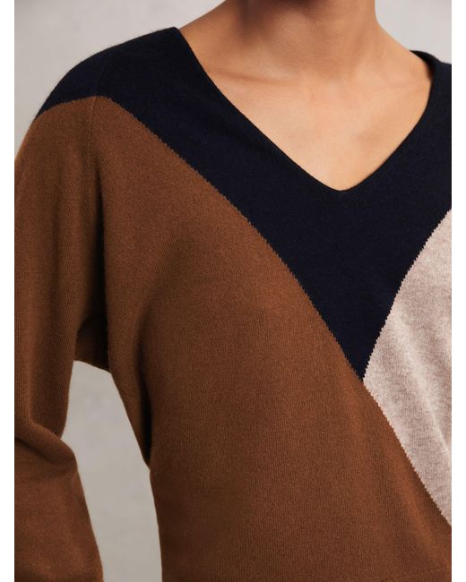 Reiss White Toffee & & Neutral Wool-Blend Colourblock Knit Jumper With Cashmere