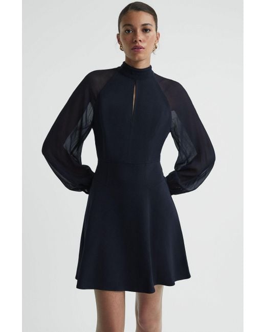 Reiss Blue Perry - Navy Sheer Blouson Sleeve Mini Dress, Us 8