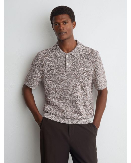 Reiss Gray Camel Cotton-Blend Half-Button Marled Polo for men