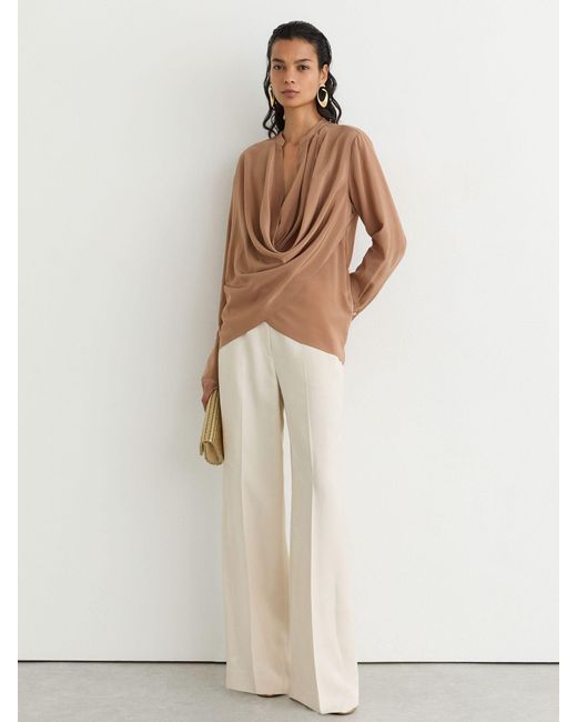 Reiss Brown Matte Silk Draped Shirt