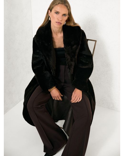 Reiss Black Shearling Belted Coat